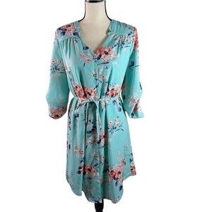 3 Looks In 1! Brixon Ivy Aqua Floral 2 Piece Button Up Dress Set, Medium